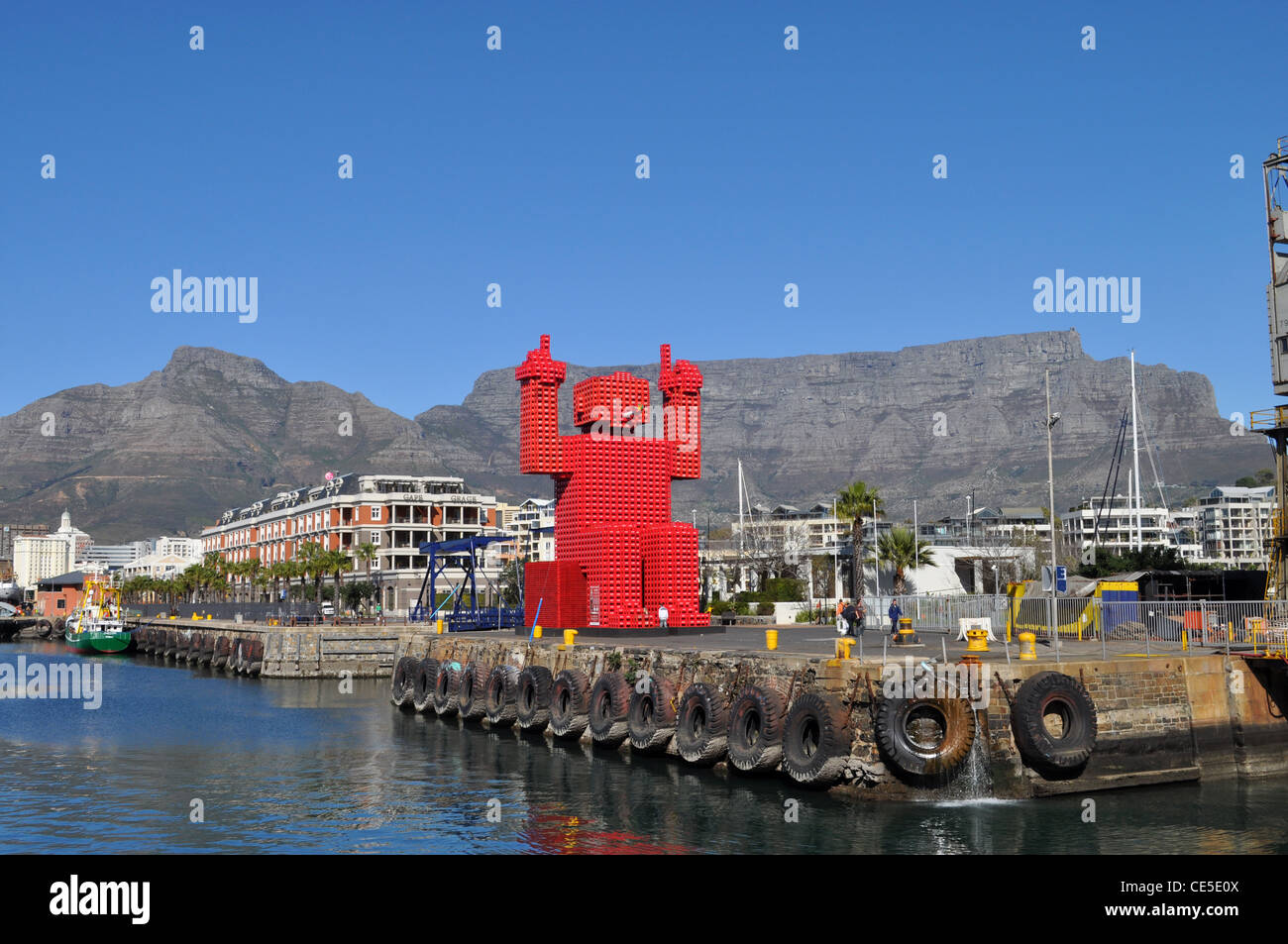 Table Mountain and coca-cola crate sculpture from the Waterfront, Cape Town, Western Cape, South Africa Stock Photo