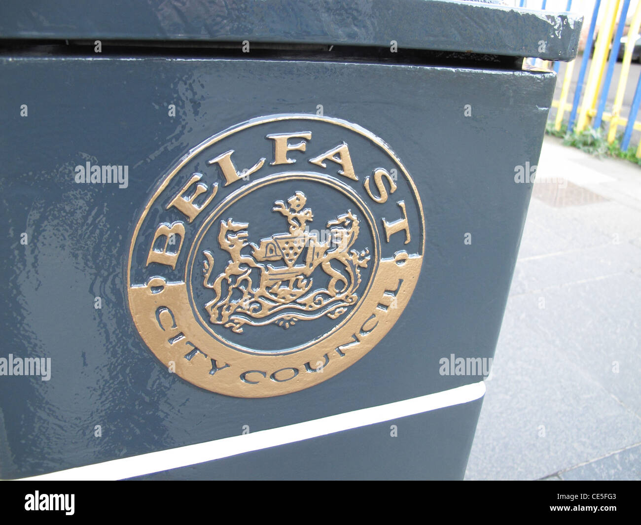 Belfast City Council emblem on a public rubbish bin Stock Photo Alamy