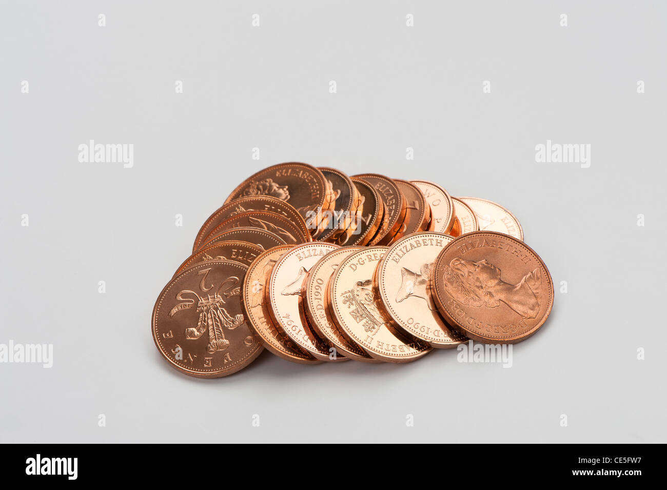 Pile of copper 2p English coins Stock Photo