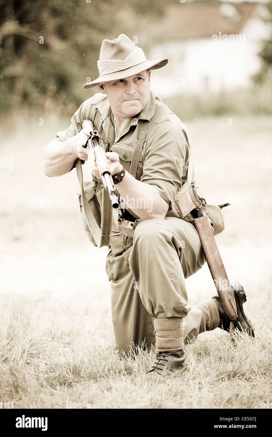 WW2 Re-Enactors - British Soldier with Rifle Stock Photo