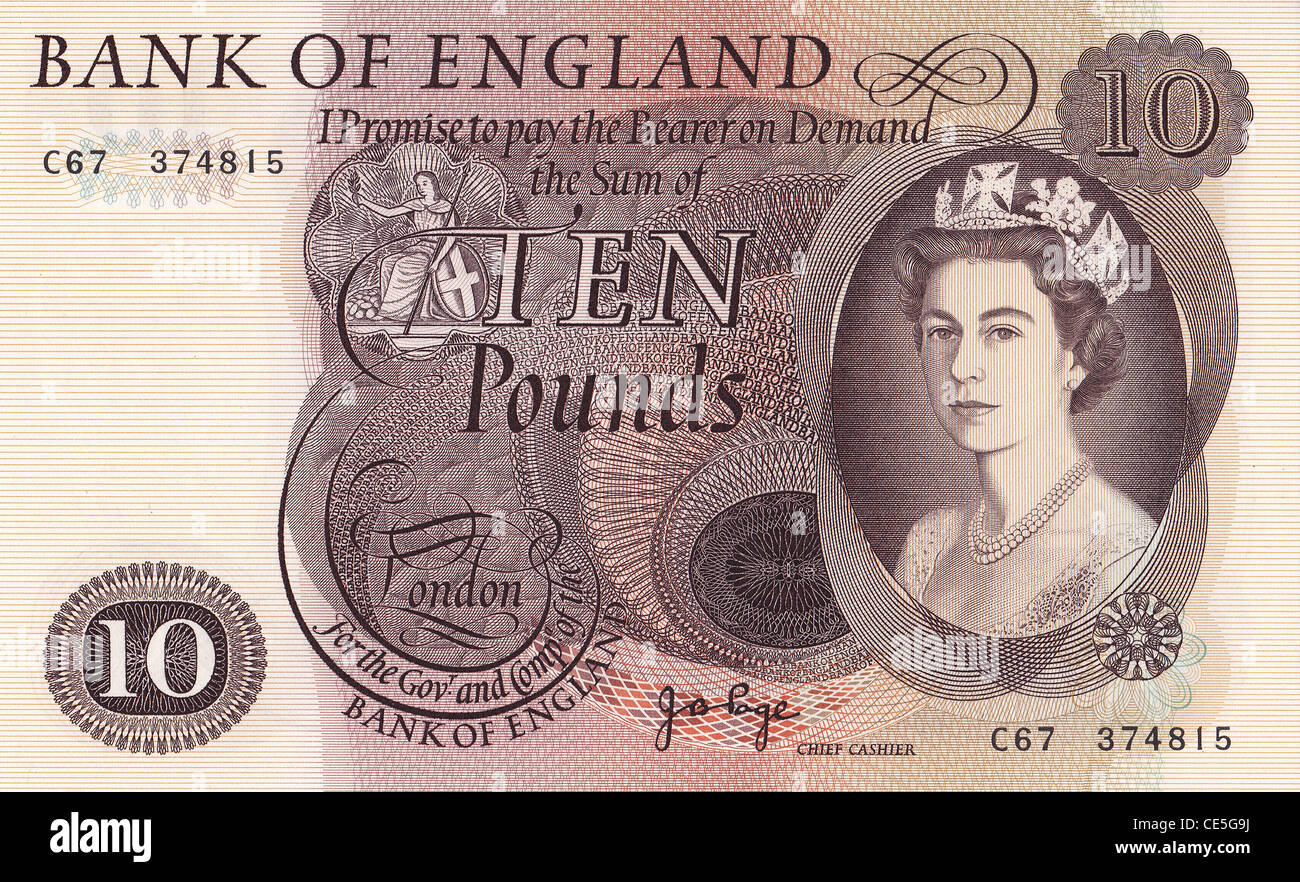 10 Pounds English Banknote Pre Decimal Stock Photo