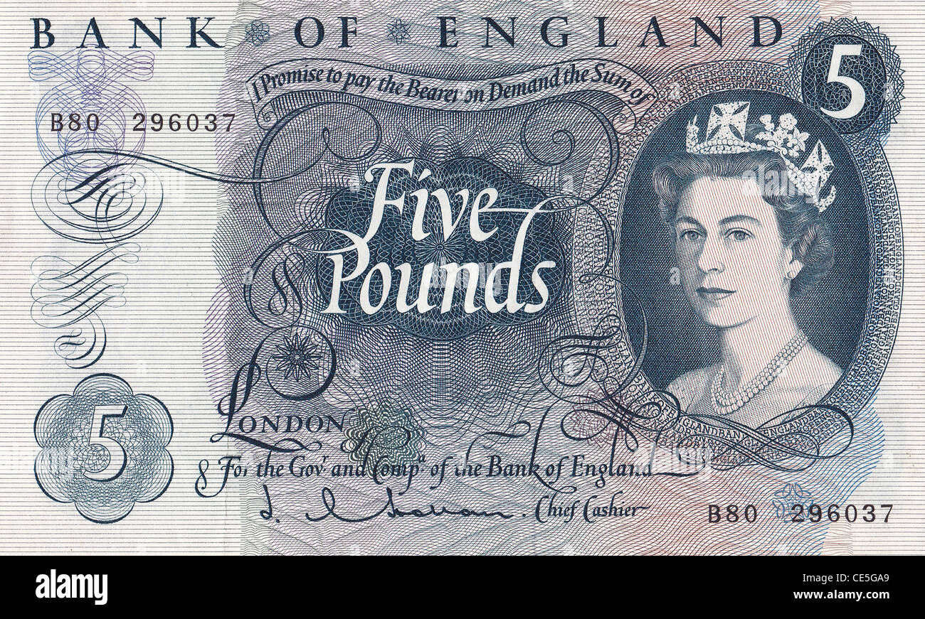 5 Pound English Banknote Pre Decimal Stock Photo