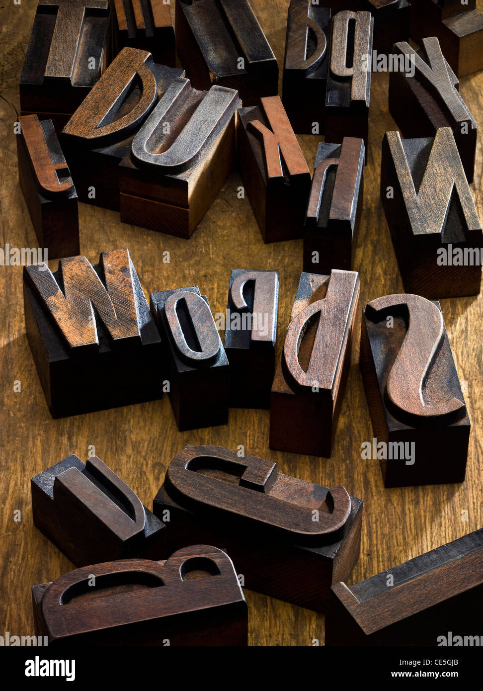 Large group of wooden printing blocks shot with professional medium format digital leaf back. Stock Photo