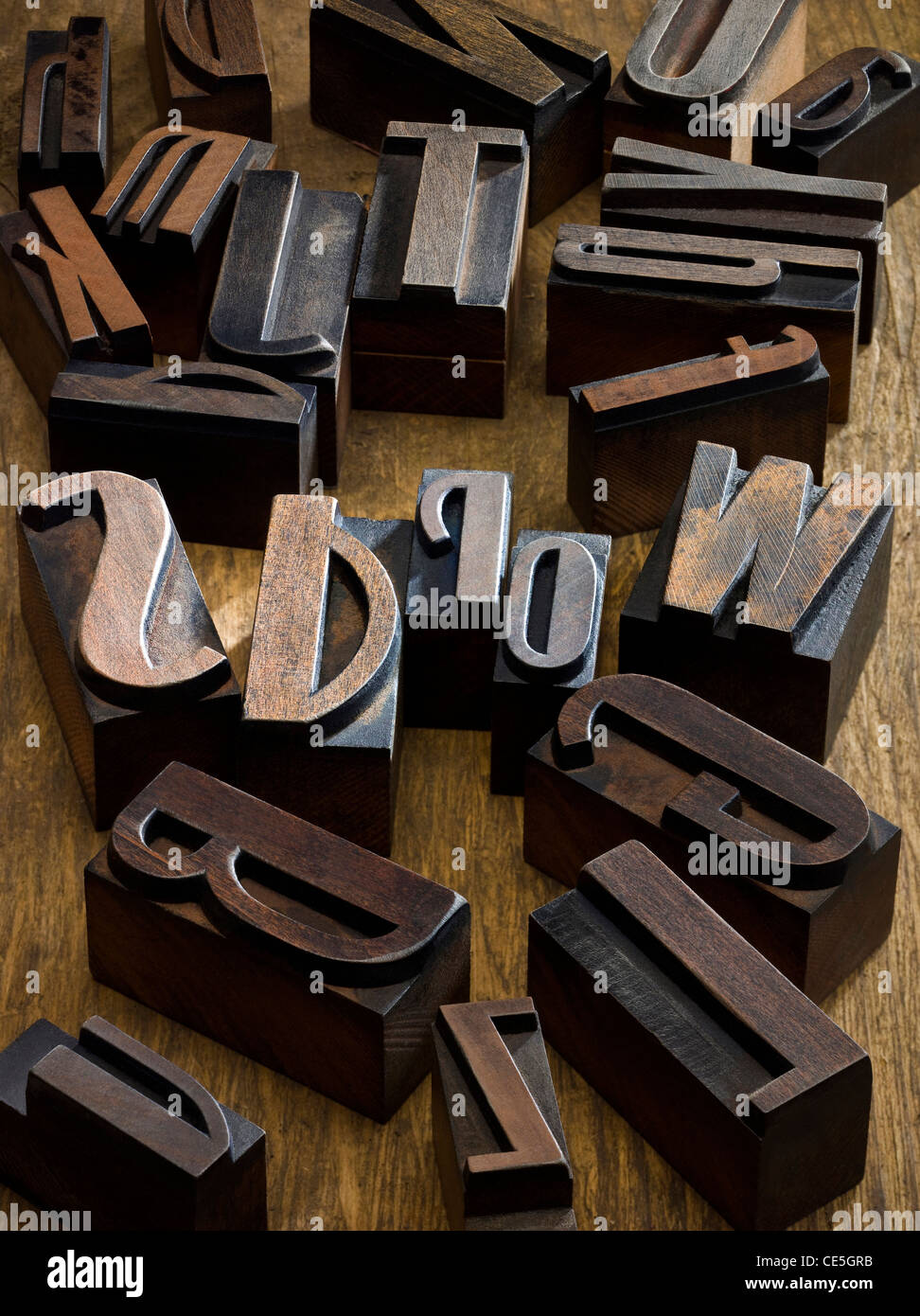 Large group of wooden printing blocks shot with professional medium format digital leaf back. Stock Photo