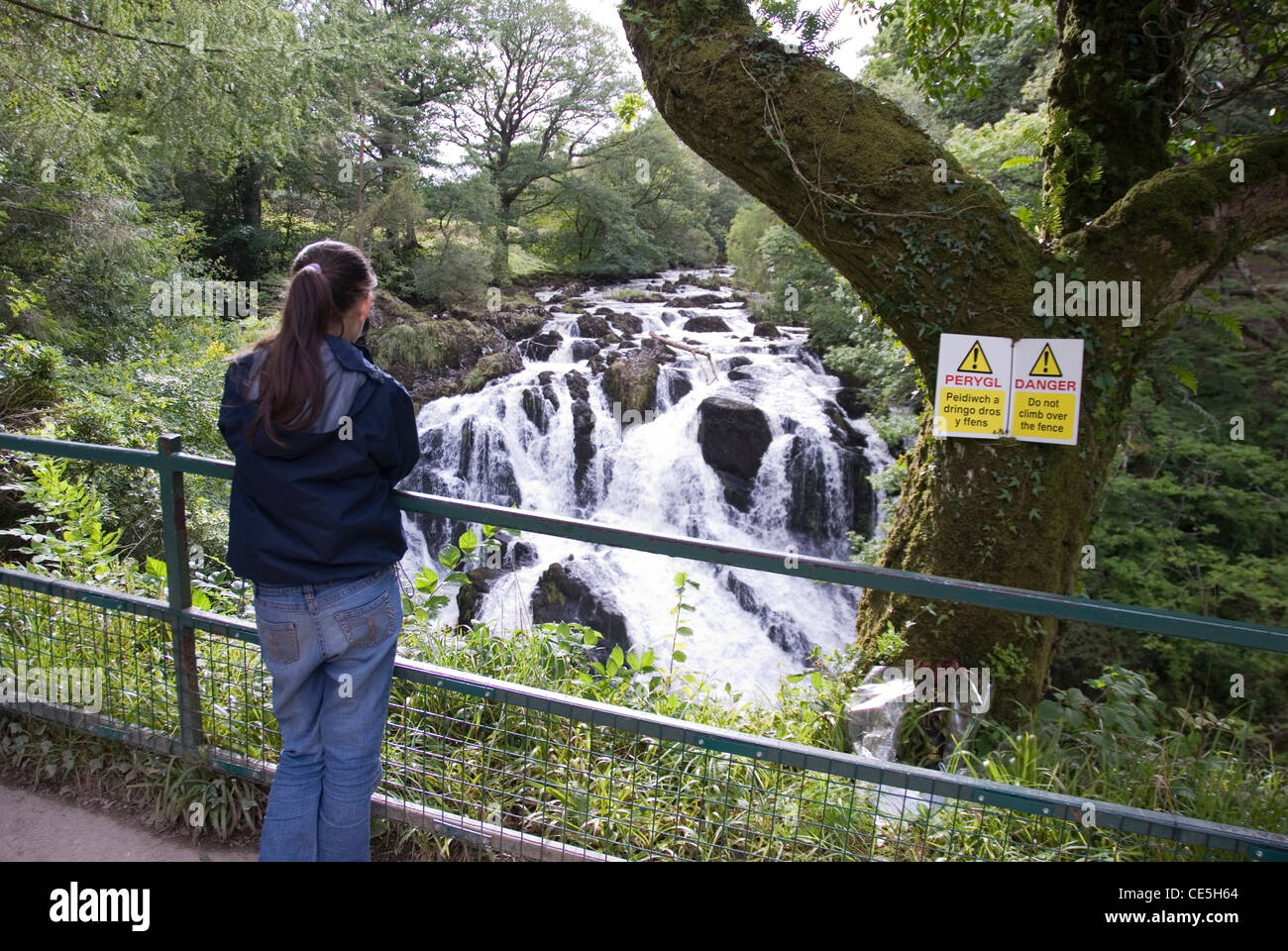 Girl Standing Beside Do Not Climb Over the Fence Sign at Swallow Falls, Snowdonia, Betws y Coed, Gwynedd, North Wales, UK Stock Photo