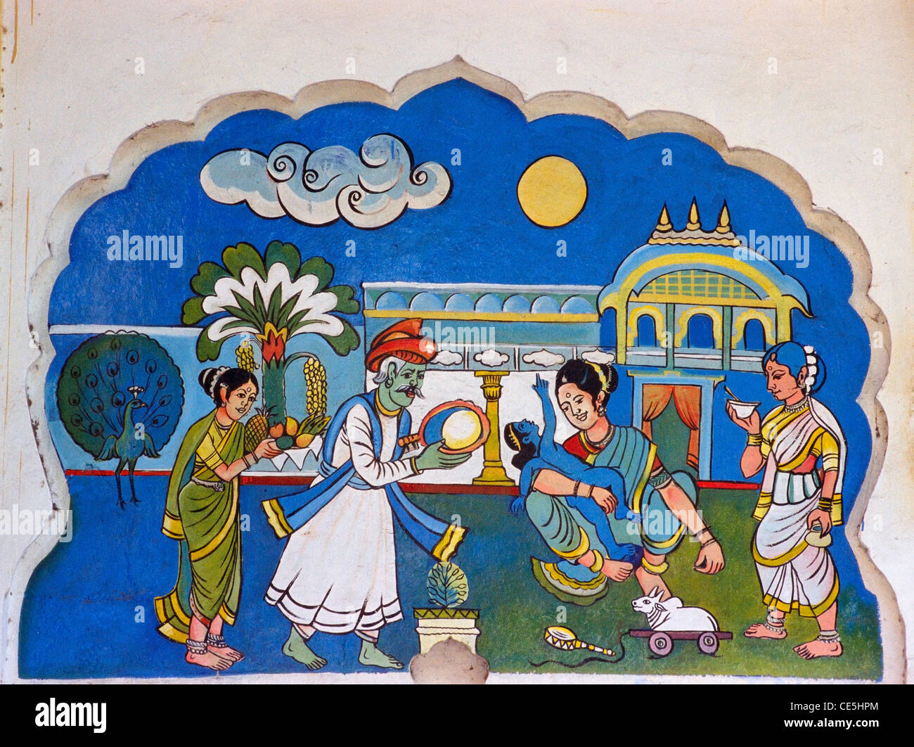 Wall painting of lord Rama wanting moon Ramayana story in Shree Ram Temple ; Tulsibag ; Pune ; Maharashtra ; India Stock Photo