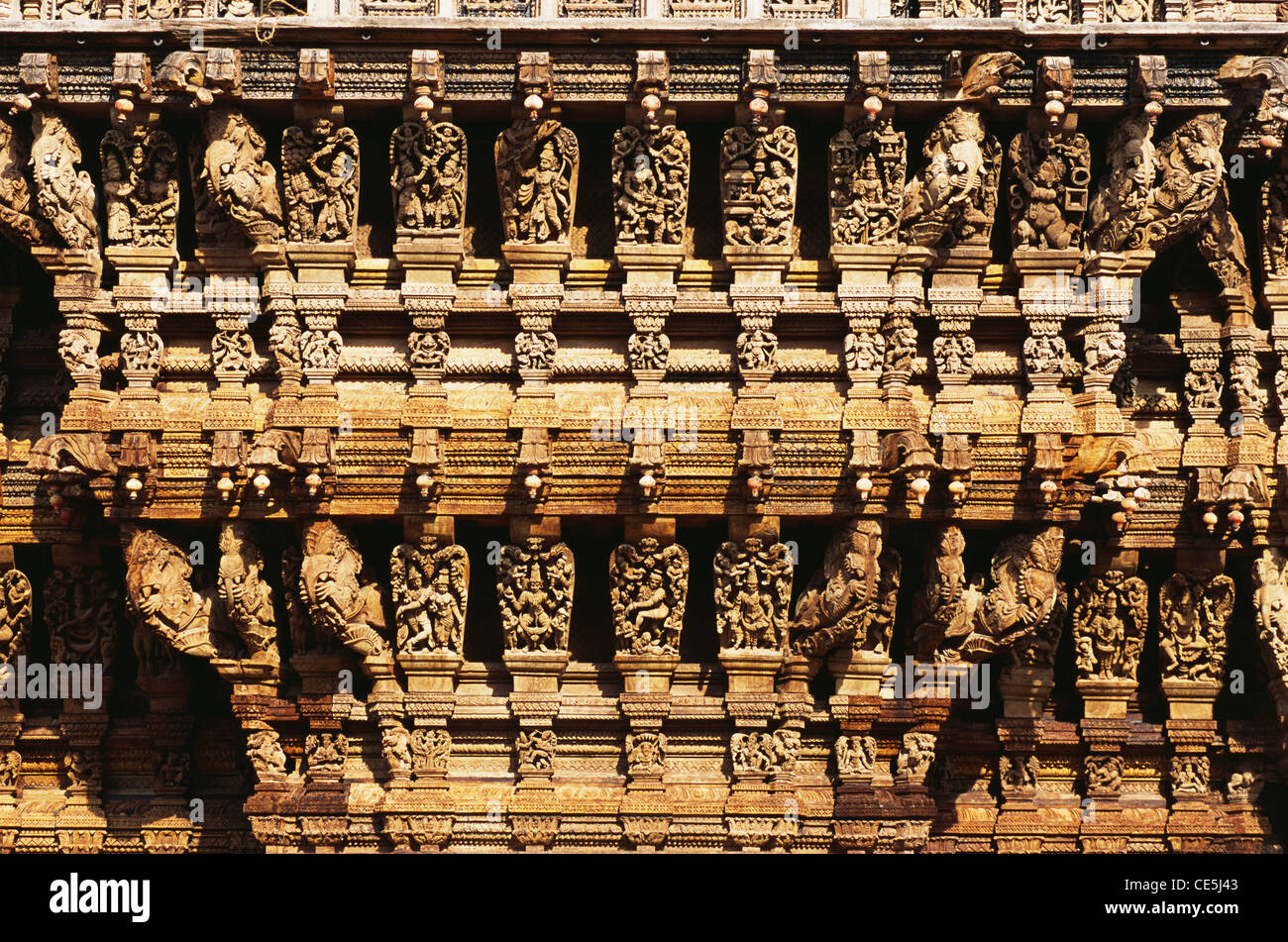 350 years old woodcarving in Meenakshi Amman temple Charlot ; Madurai ; Tamil Nadu ; India Stock Photo