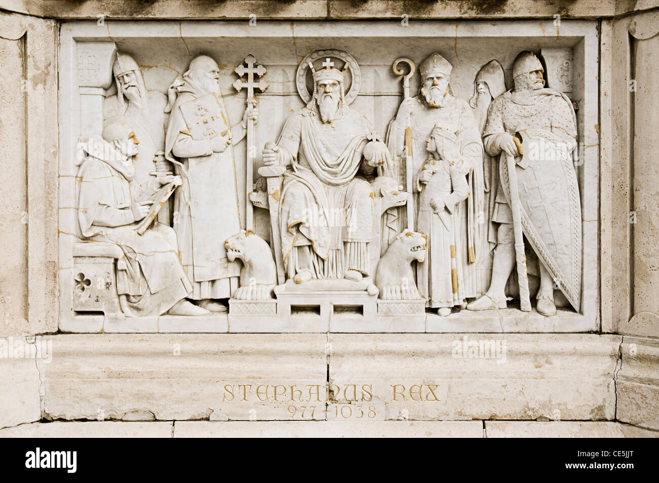 St. Stephen Statue at Fishermen's Bastion (neo-romanesque), Castle Hill District (Varhegy), Buda, Budapest, Hungary. Stock Photo