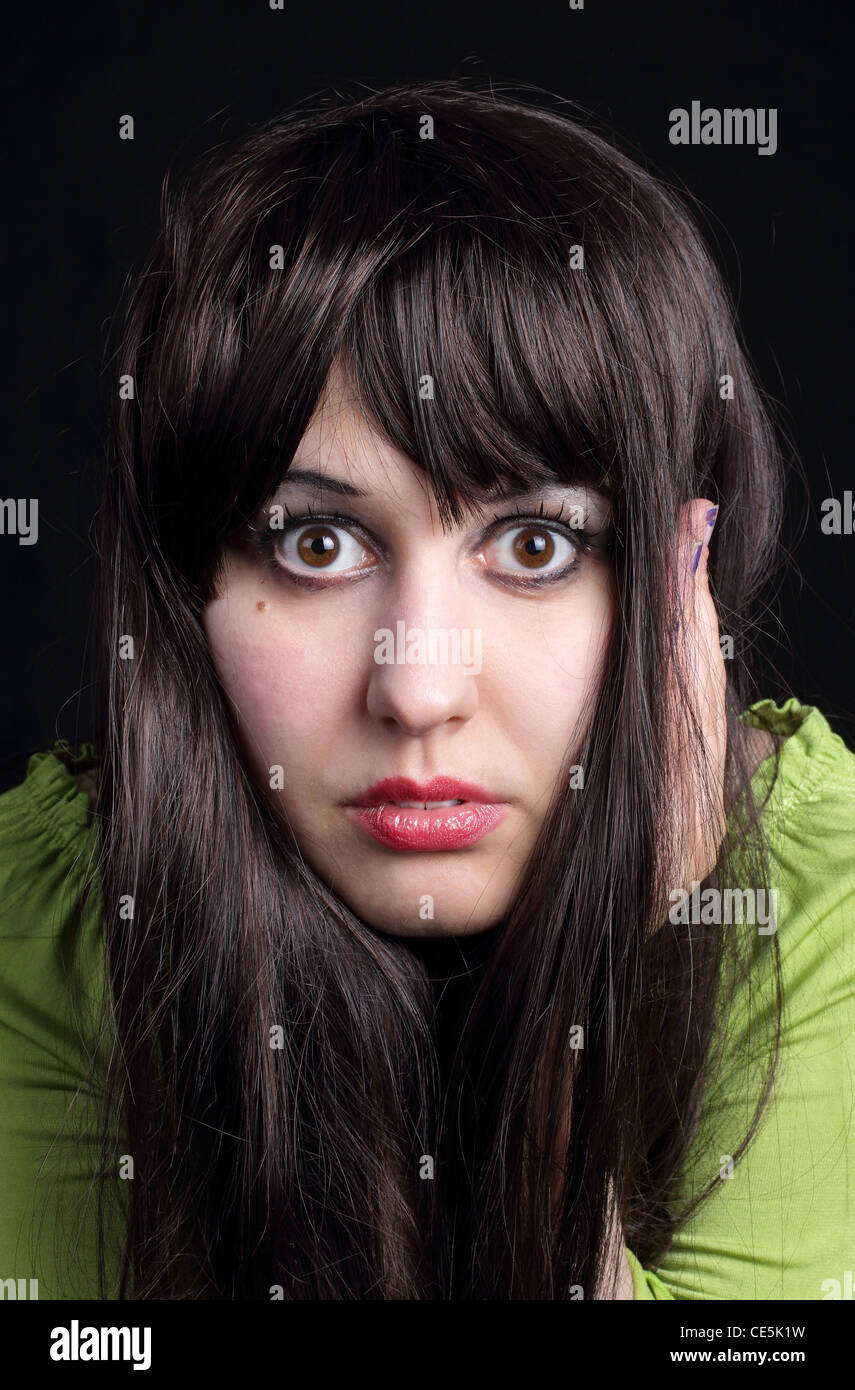 Girl Woman Lady Black Hair Black Background Portrait Face