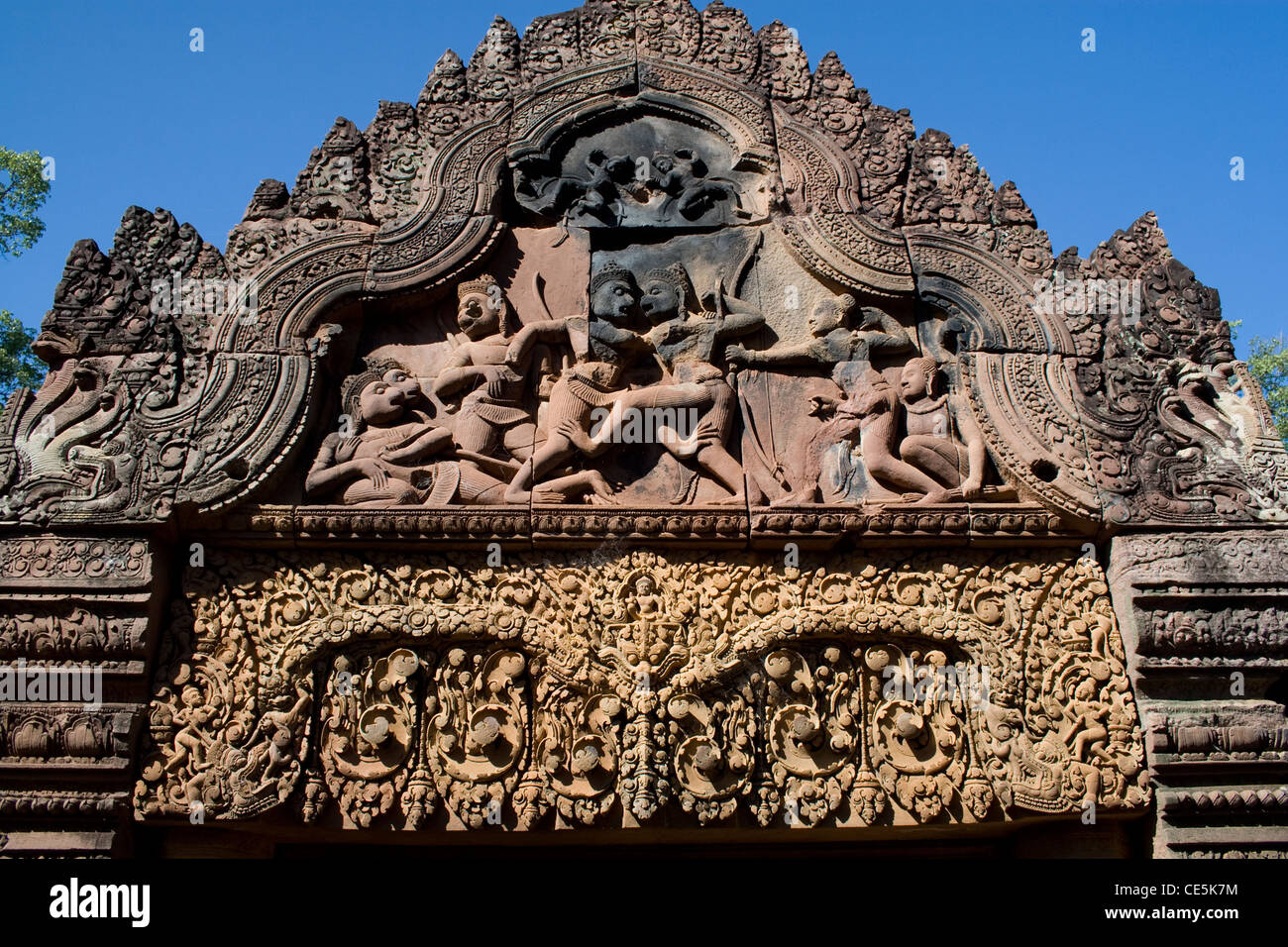 Bass reliefs at Banteay Srei temple in Angkor, Cambodia. Stock Photo