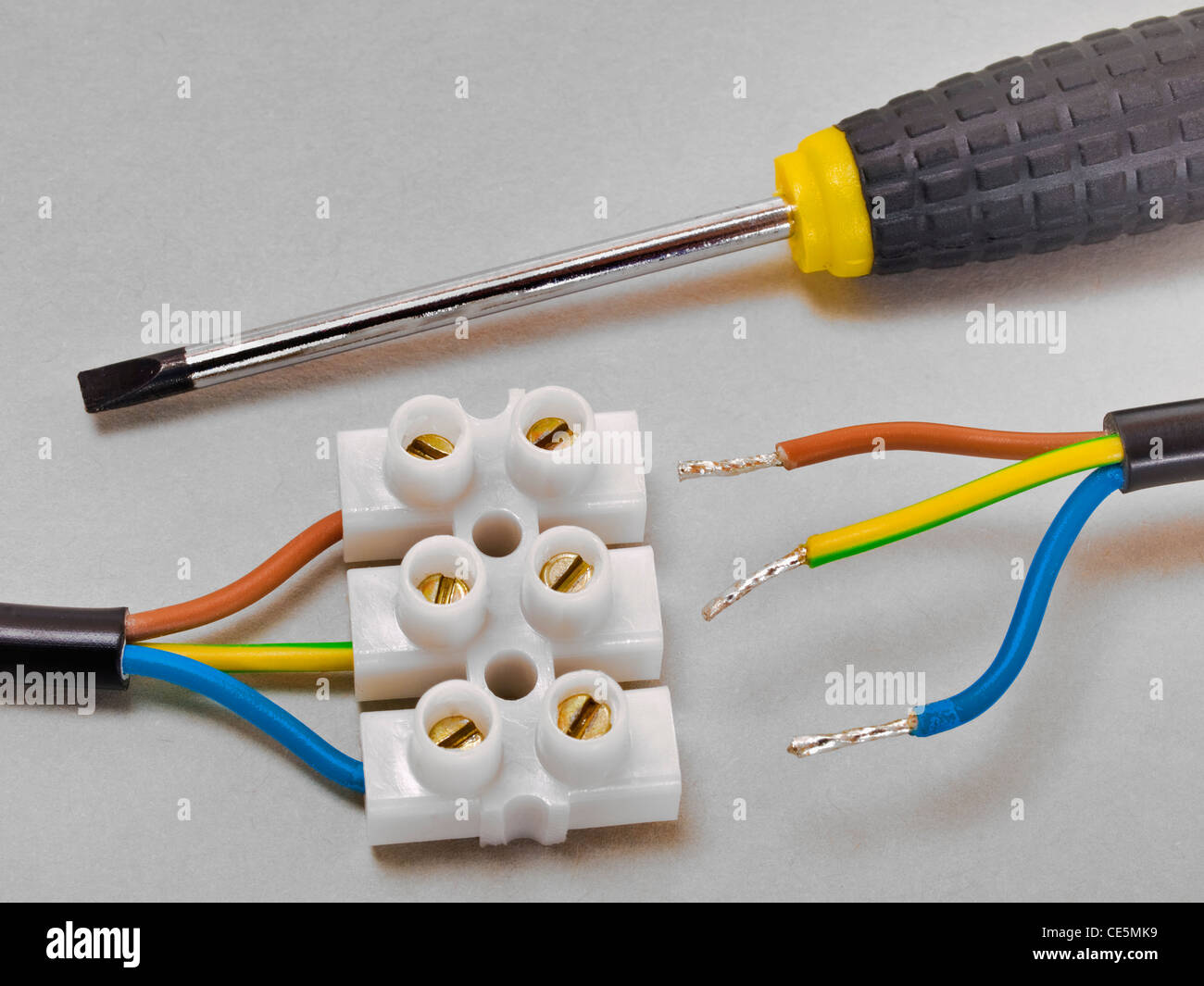 eine Lüsterklemme, dabei liegen Kabel und ein Schraubenzieher | a luster  terminal, beside is a cable and a screwdriver Stock Photo - Alamy