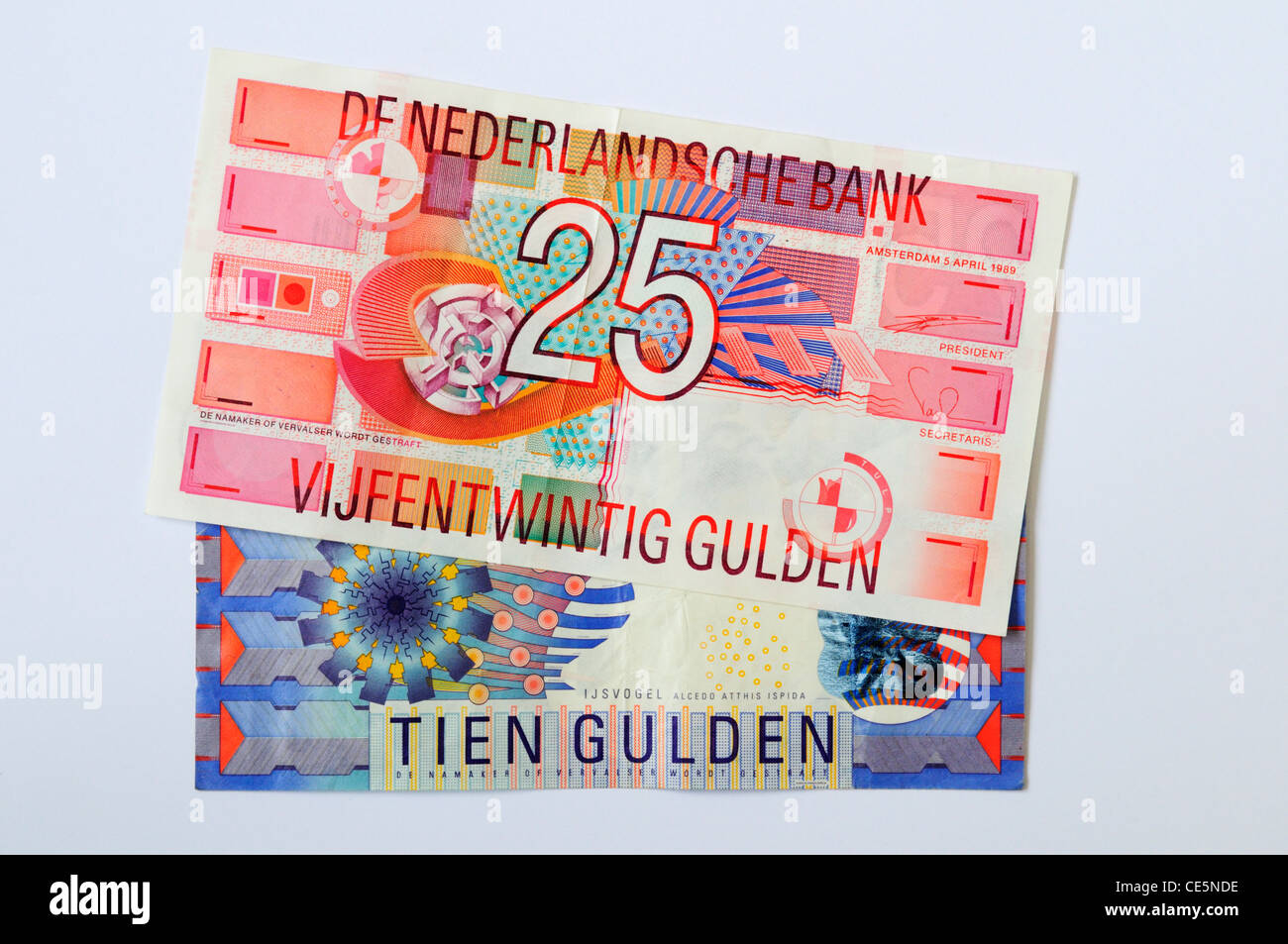 Old Dutch 25 and 10 Guilder Banknotes Stock Photo
