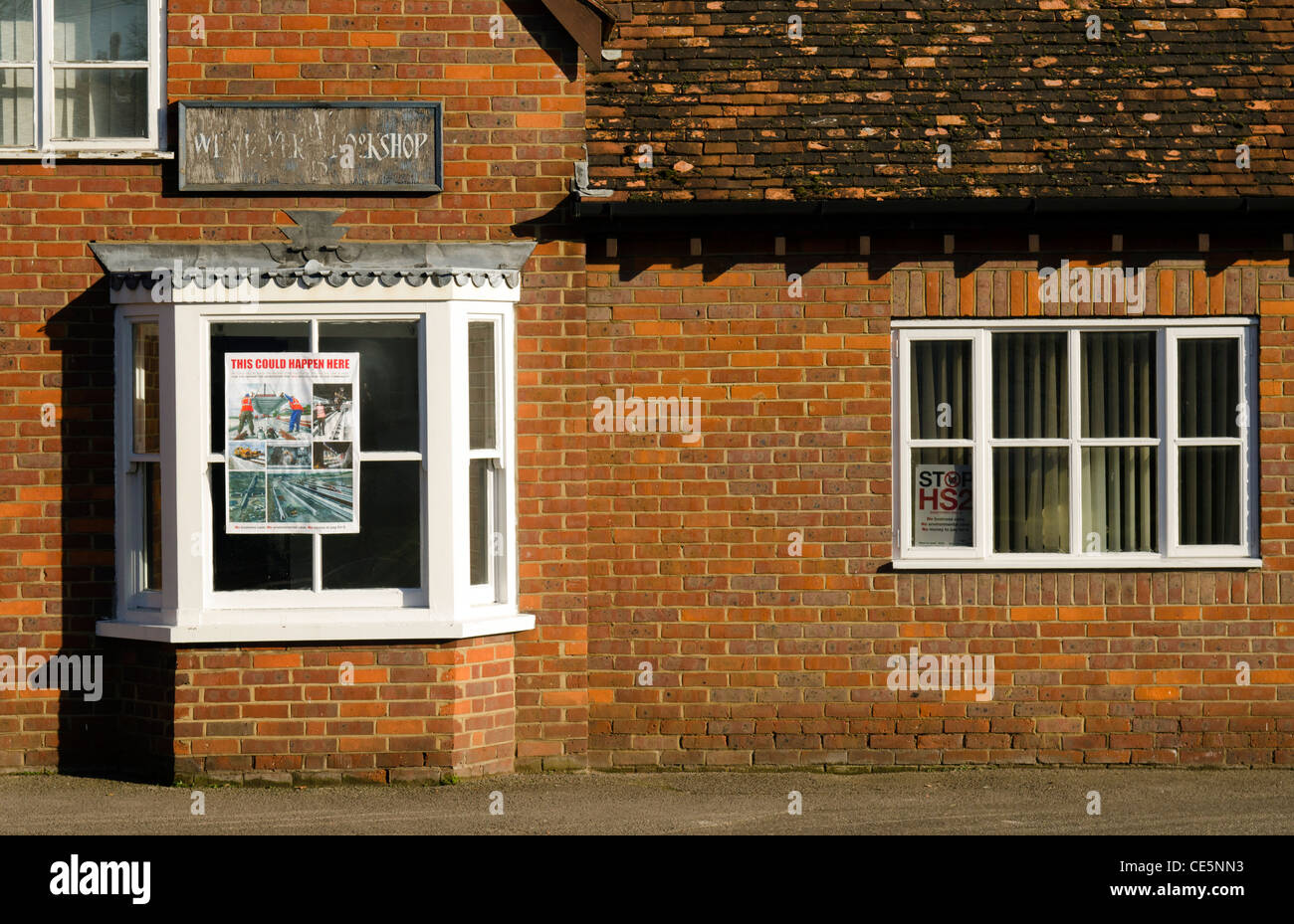 A large anti HS2 campaign protest poster in a window in Wendover Bucks. Stock Photo