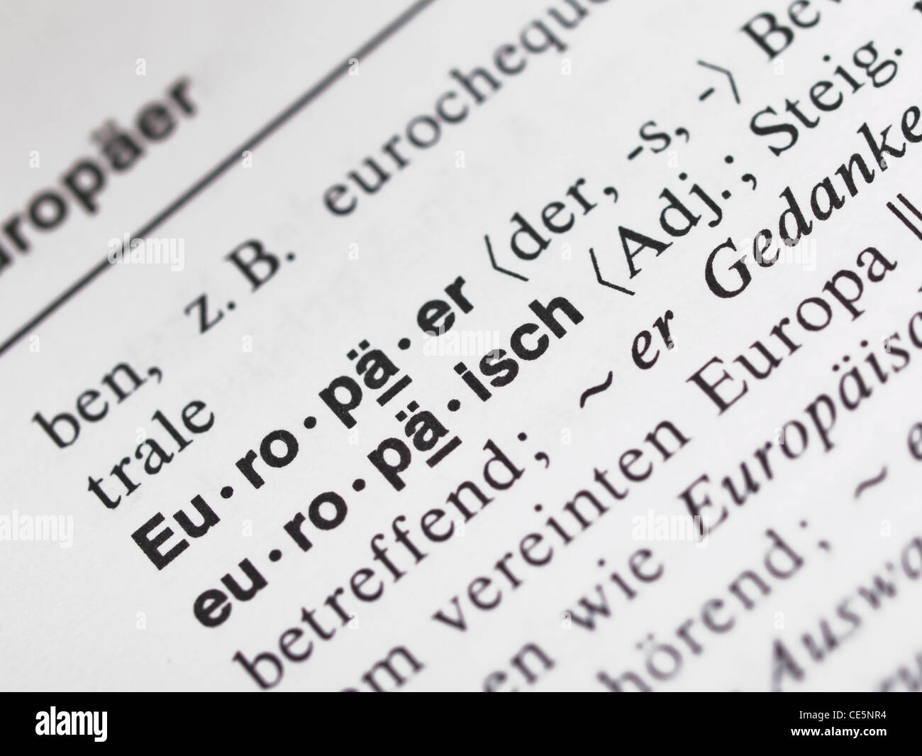 Deutsches Woerterbuch mit dem Begriffen 'Europaeer' und 'europaeisch' | German dictionary with the items 'European' in German Stock Photo