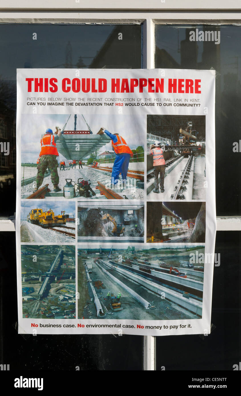 A large anti HS2 campaign protest poster in a shop window in Wendover Bucks. Stock Photo