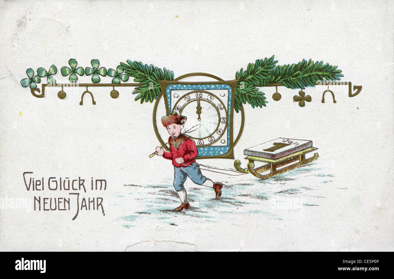 German New Year greeting postcard 'Many Happy New Year!', depicts a boy with sleds, watches and spruce branches, circa 1910 Stock Photo