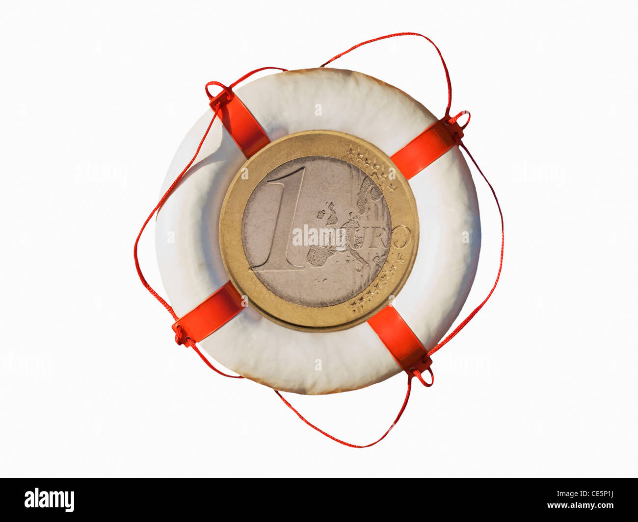 eine 1-Euro-Münze in einem Rettungsring | one 1-Euro-Coin in a lifebuoy Stock Photo