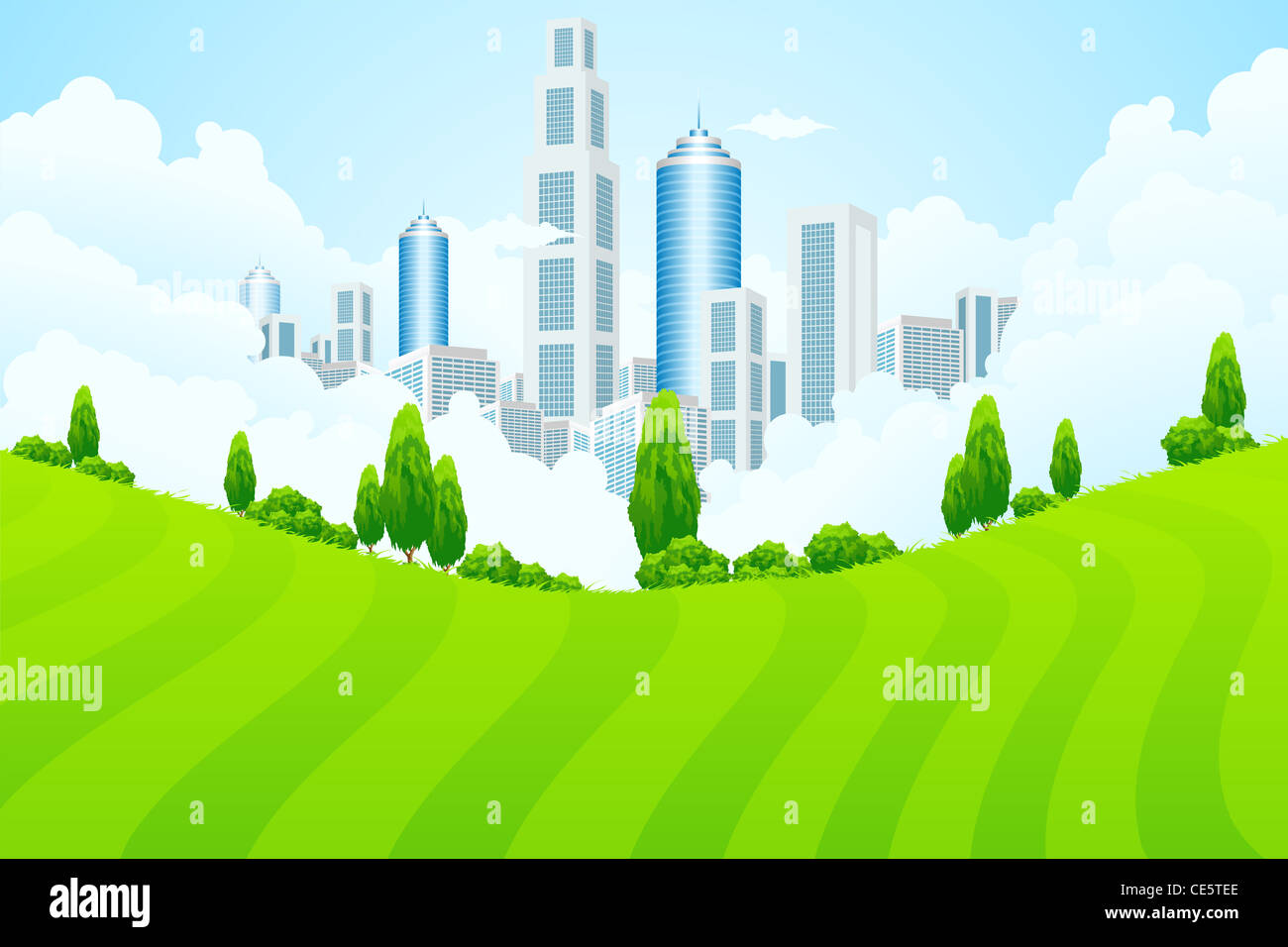 Green landscape with trees and city in clouds Stock Photo - Alamy