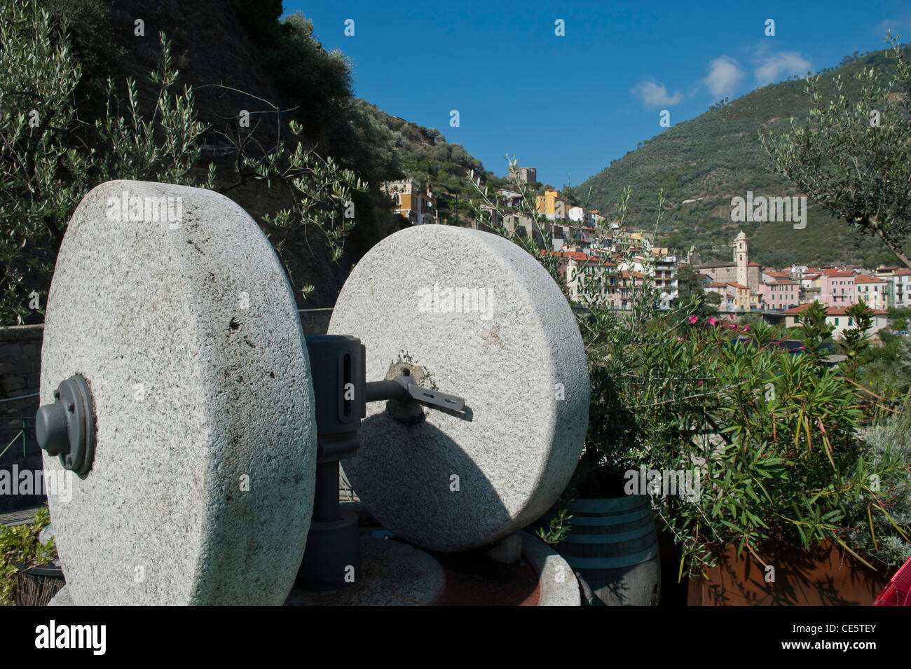 Olive oil crushing stones outside The Roi di Badalucco olive oil mill