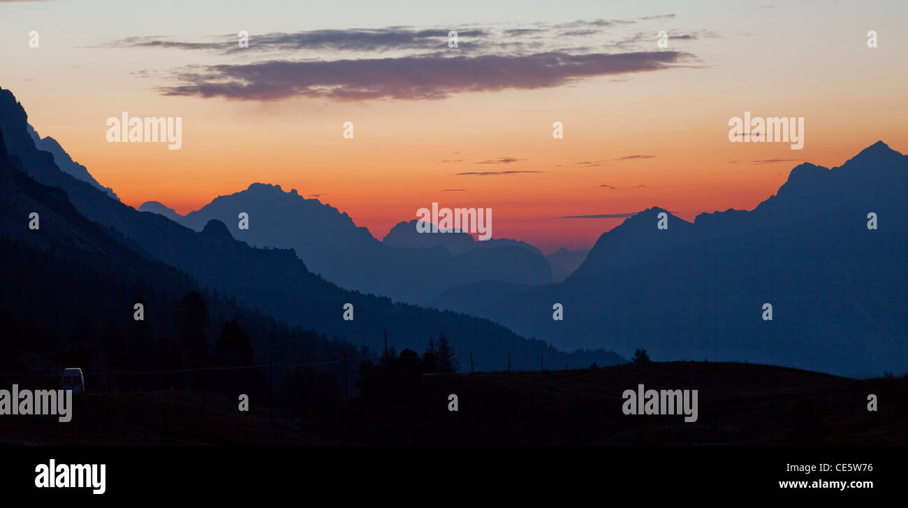 Sun rise viewed from Passo Falzarego, Dolomites Alps Italy Europe. Stock Photo