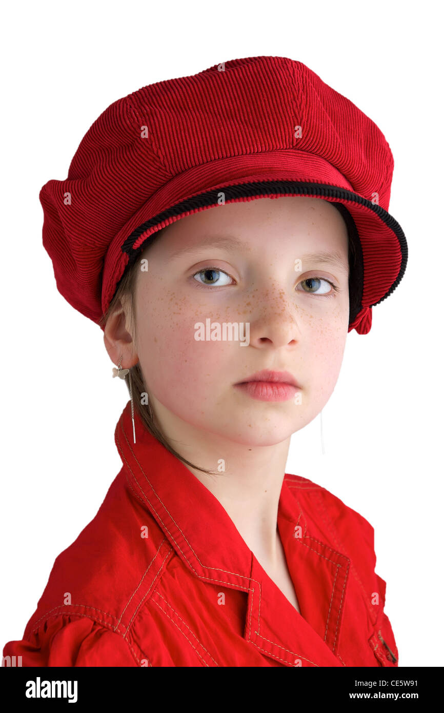 Little girl with red dress and red hat Stock Photo