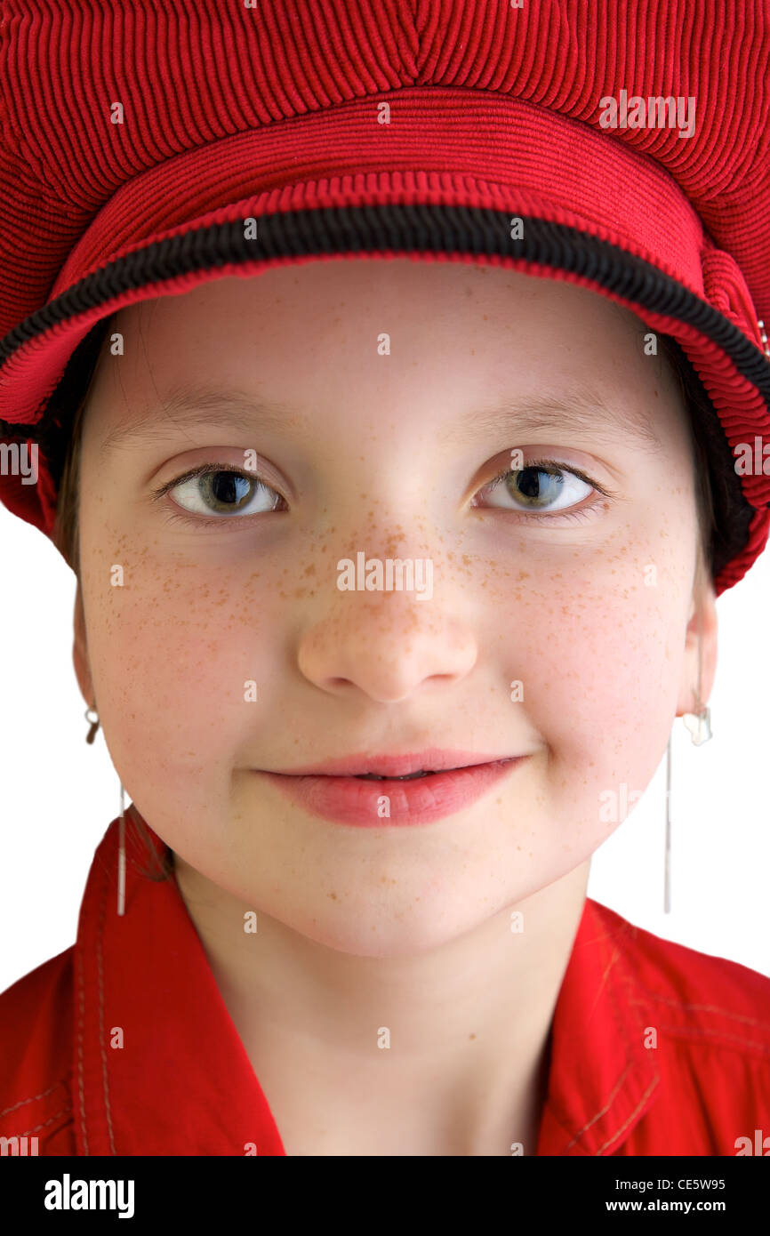 Little girl with red dress and red hat Stock Photo