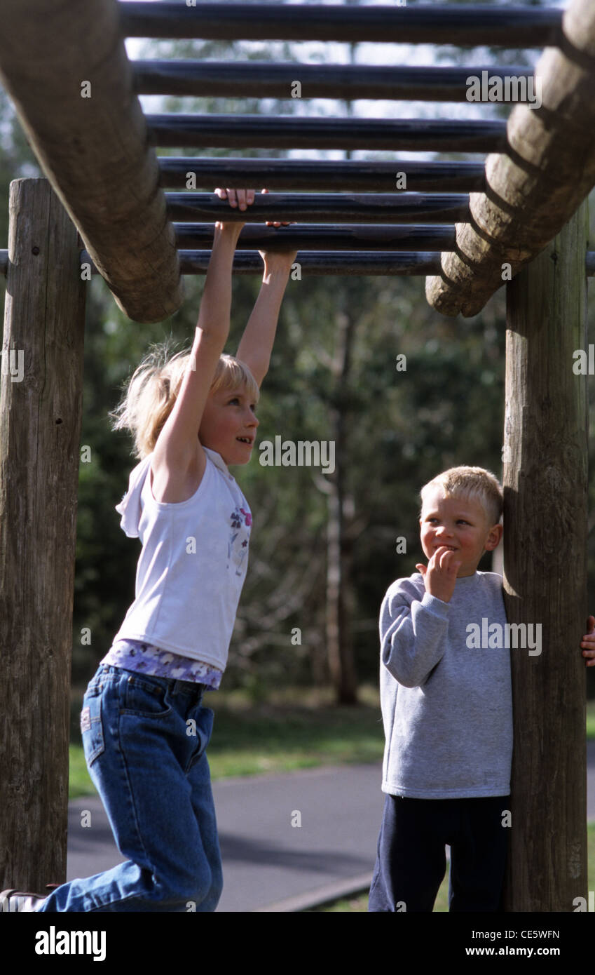 Children age 9 playing in play ground. Stock Photo