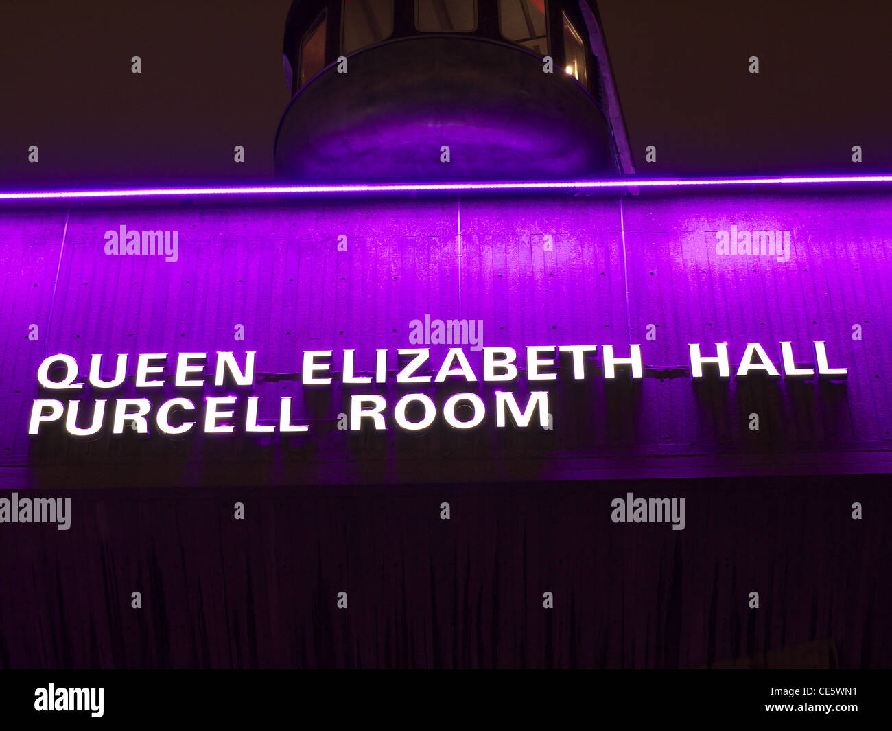 View of a sign outside the Queen Elizabeth Hall Purcell Room in London at night Stock Photo