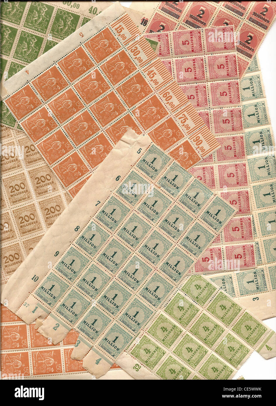 Inflation stamps from Weimar Republic - stamps worth millions of Deutch marks Stock Photo