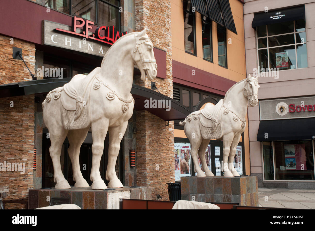 White horse statue in front of P.F. Chan's Chinese bistro restaurant in Boston, Massachusetts, United States Stock Photo