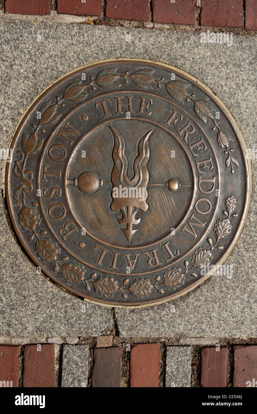Boston The Freedom Trail metal plaque in sidewalk, Boston, Massachusetts, United States, USA, North America Stock Photo