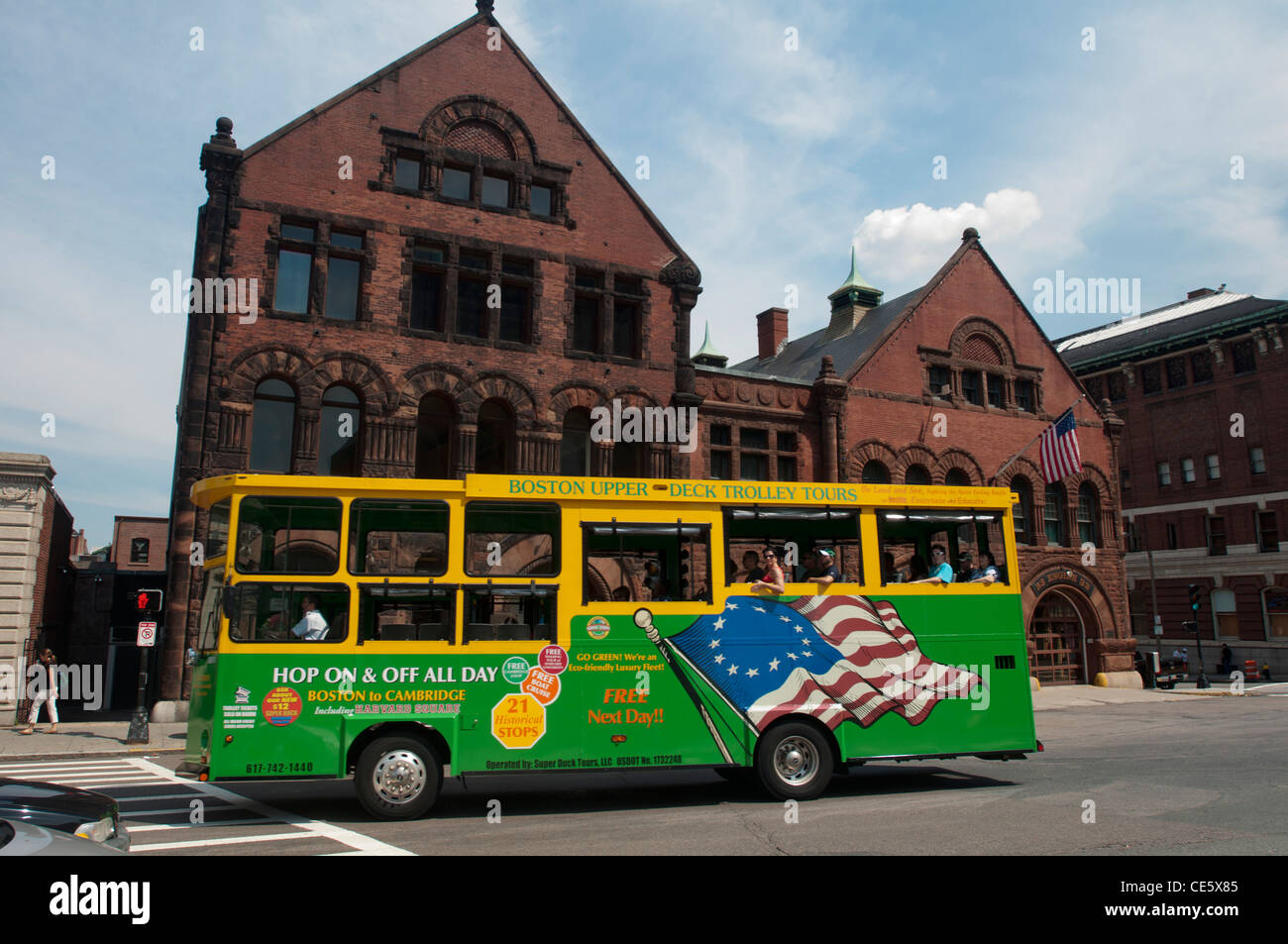 Yellow and green Boston Upper Deck Trolley Tours bus, Boston