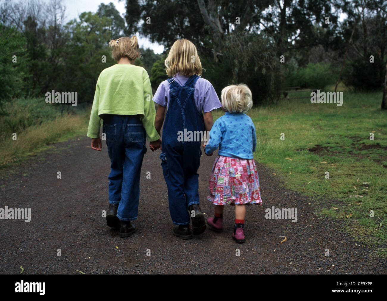 Sisters walking in forest, siblings walking and holding hands Stock ...