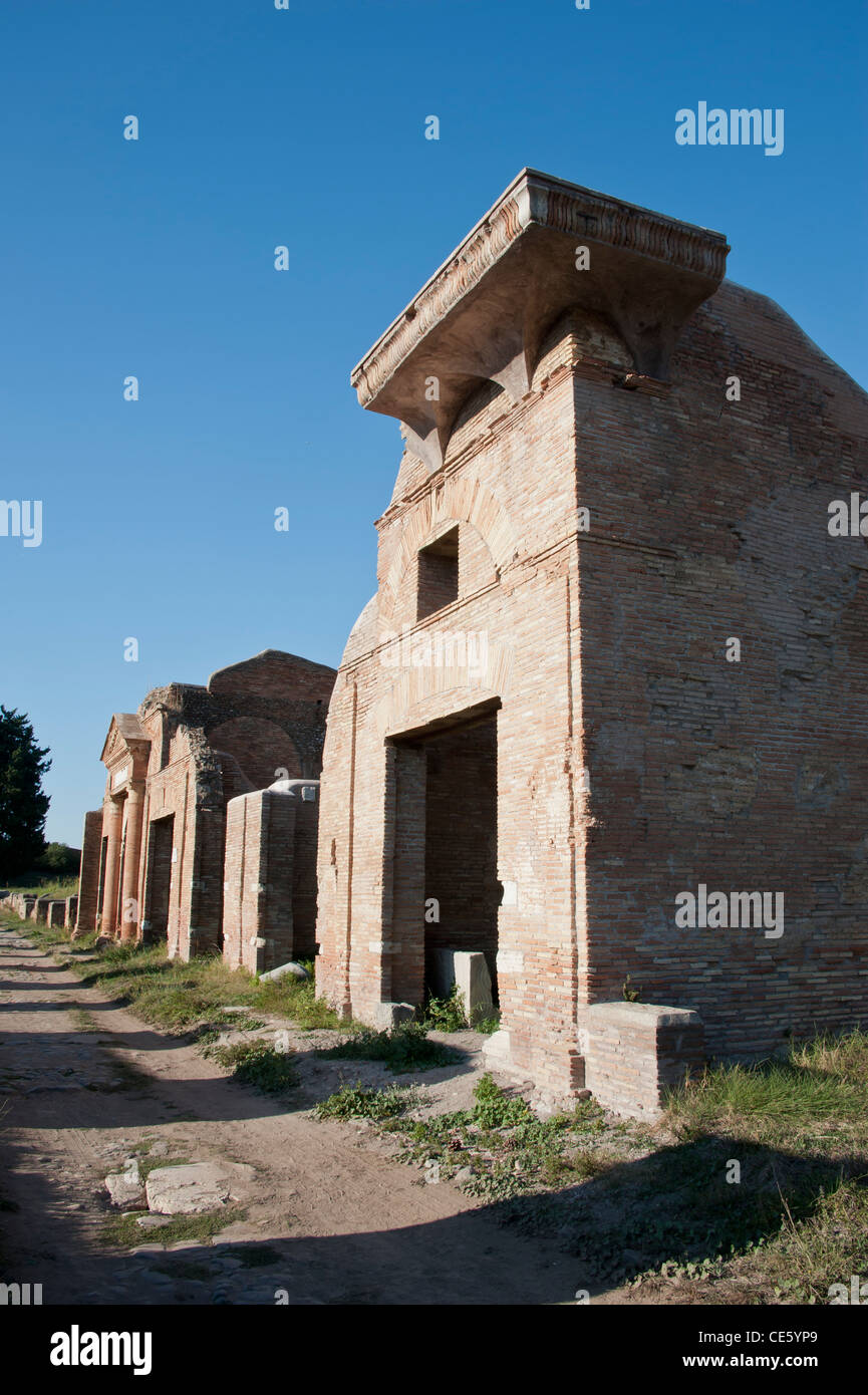 Row of abandoned buildings in Rome's original sea port, Ostia Antica. Stock Photo