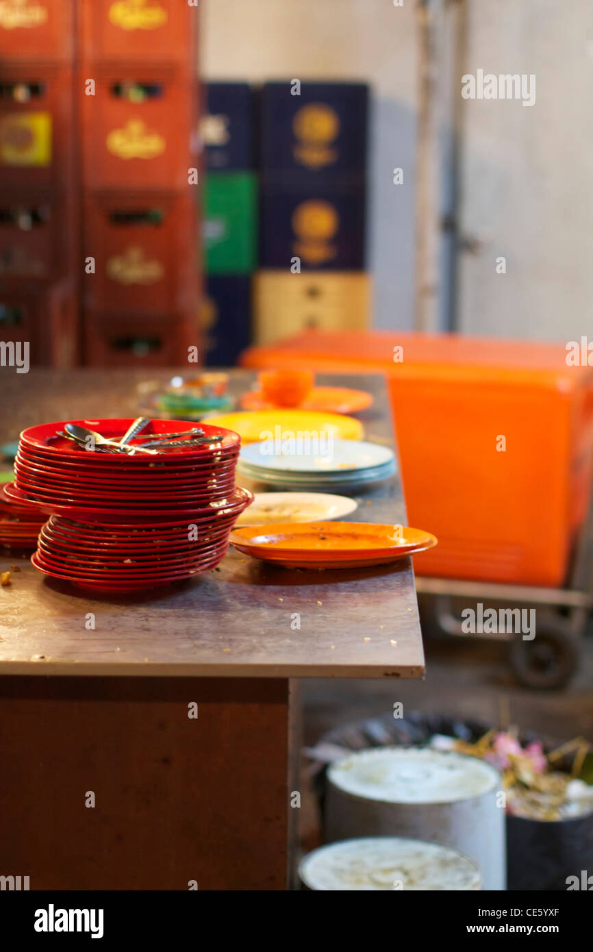 Dirty dishes waiting on a Penang night market table Stock Photo
