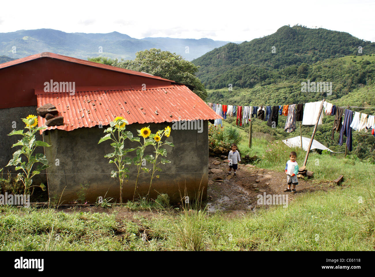 Children standing outside a coffee plantation worker's house at Finca Selva Negra near Matagalpa, Nicaragua Stock Photo