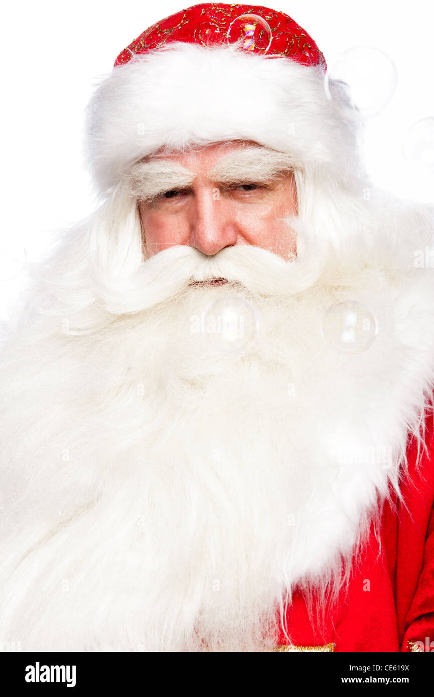 Santa Claus Portrait smiling isolated over a white background and soap ...