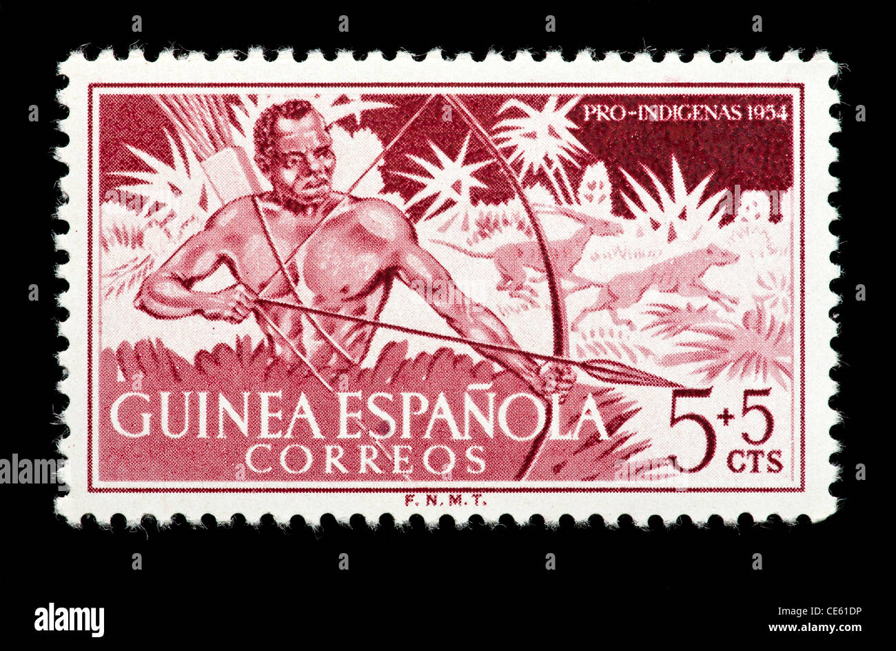 Postage stamp from Spanish Guinea (later Equatorial Guinea) depicting a native bow hunting (semi-postal issue). Stock Photo