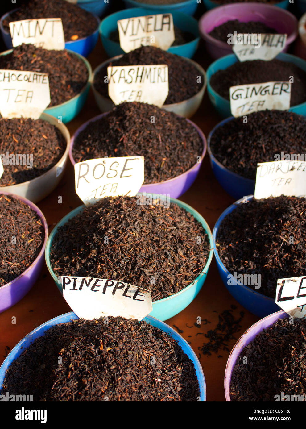 A selection of teas for sale at a market in Palolem, Goa, India Stock