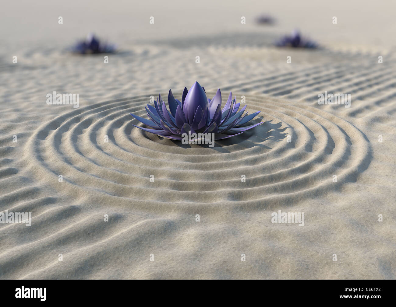 A close-up of a japanese zen garden with a metallic flower Stock Photo