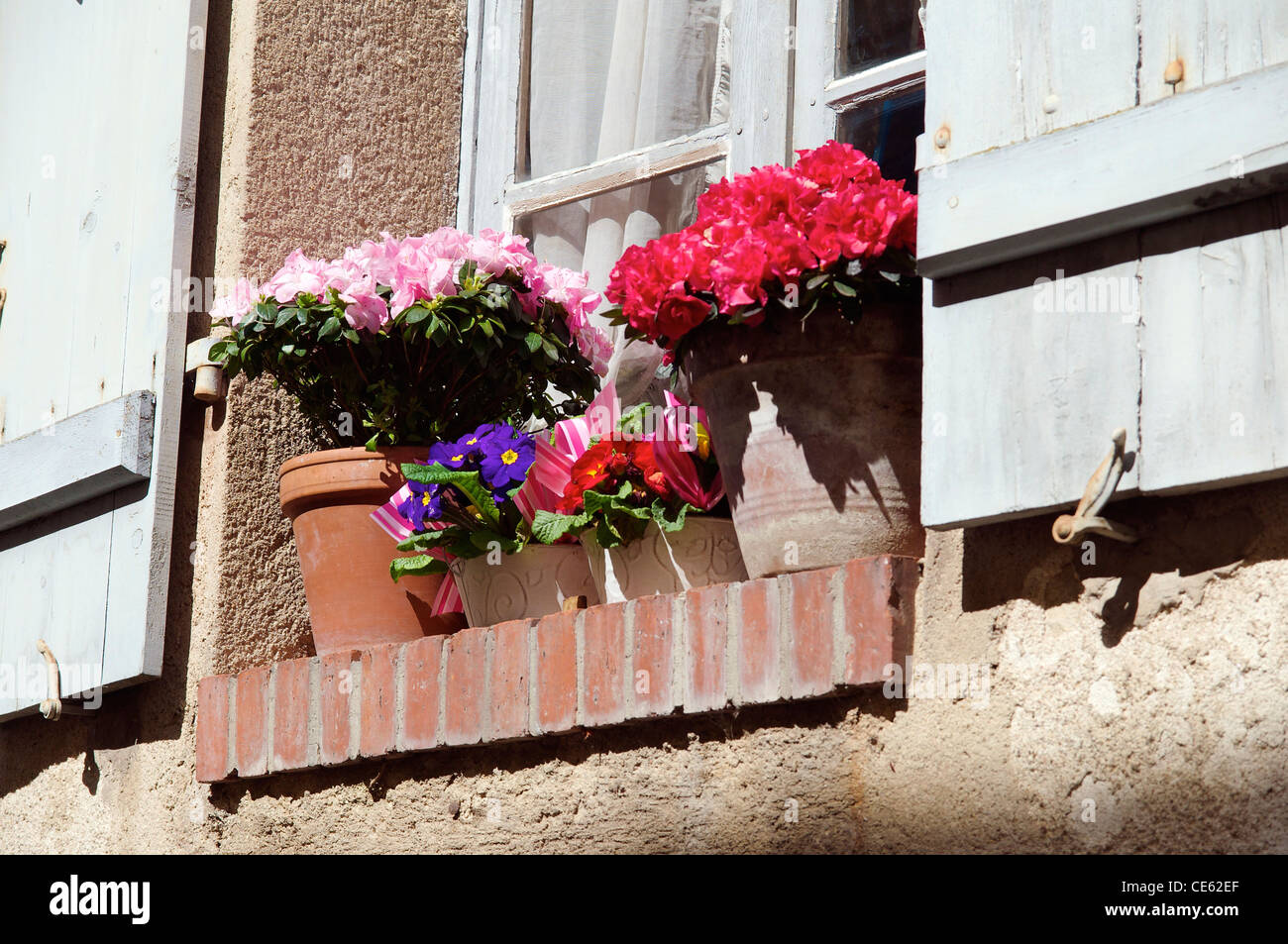 Flower pots on a windowsill in Vezelay in north-central France. Stock Photo