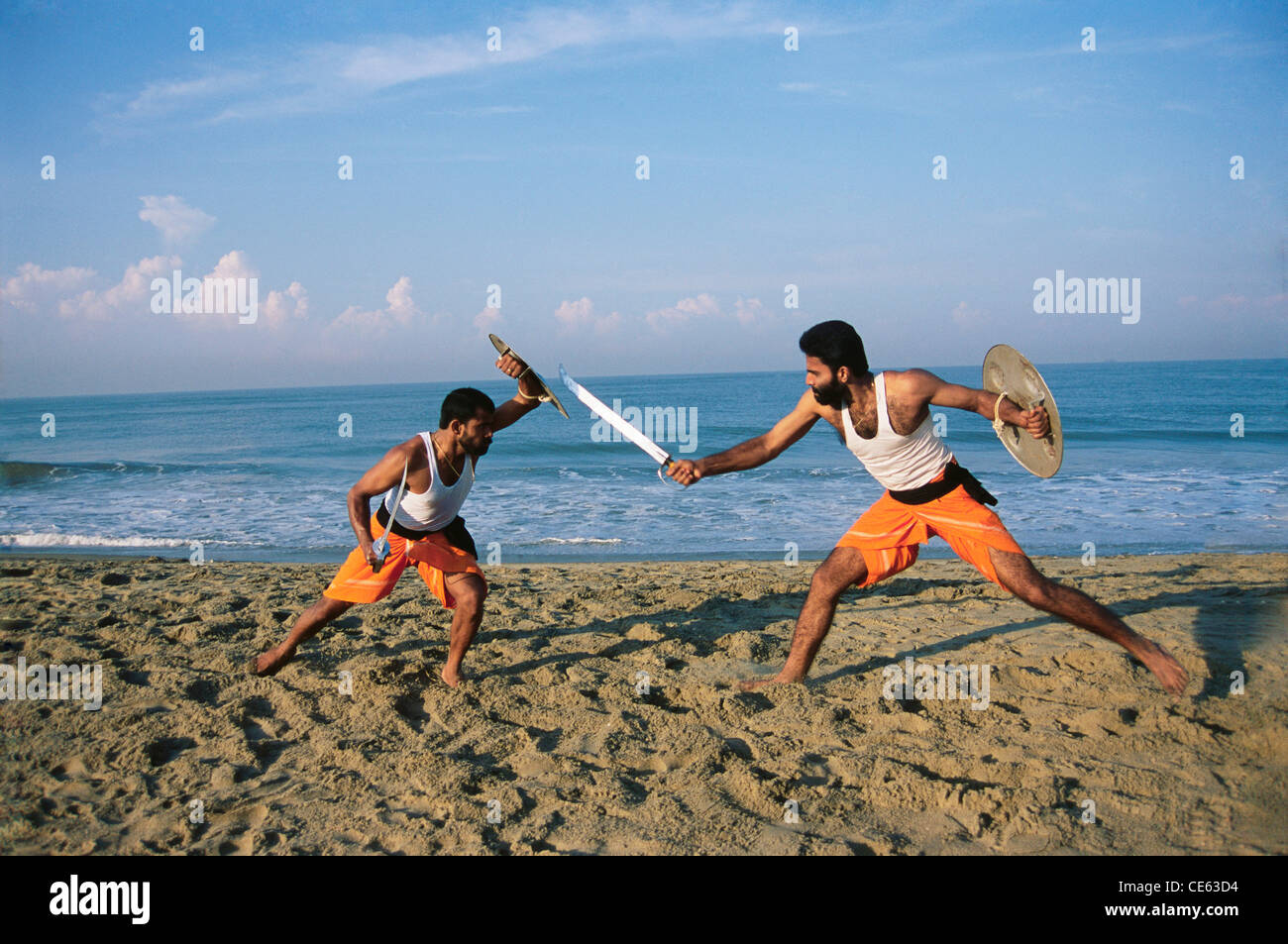 Kalarippayattu, Ancient Martial Art of Kerala, sword and shield fighting, Kerala India Asia Indian Asian MR#777D Stock Photo