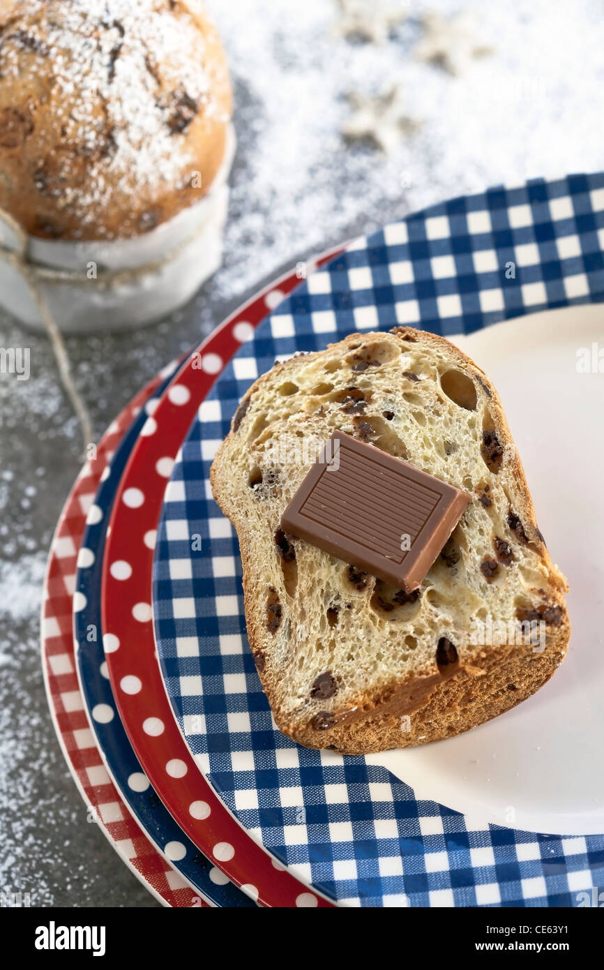 Panettone with chocolate - the typical Italian yeast cake for Christmas Stock Photo