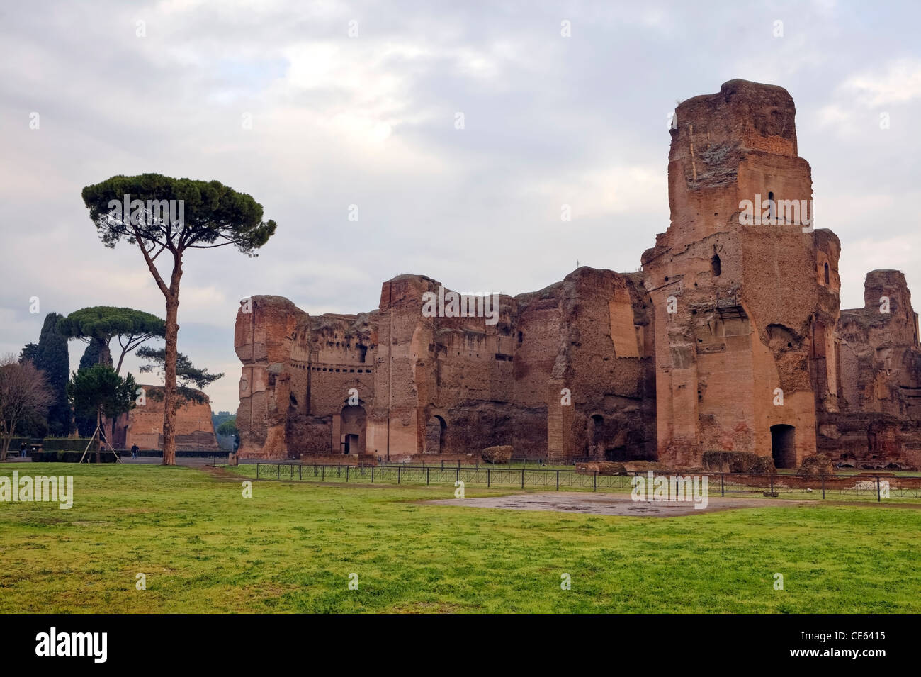 The Caracalla baths are ruins of an ancient bath facility in Rome with an upstream park Stock Photo