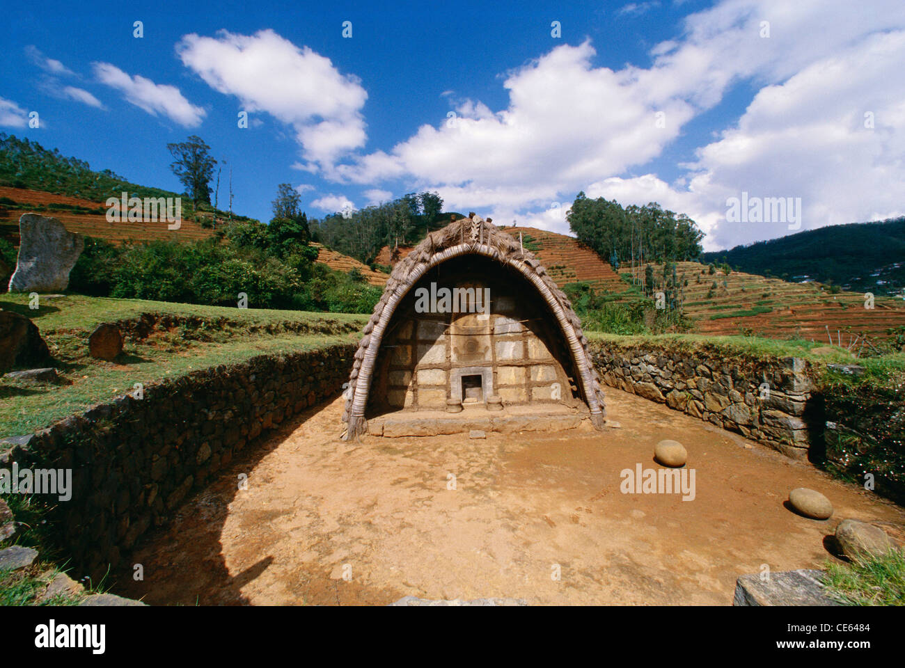 Toda Tribe Tiny Thatched Roofed Hindu Temple With Carved Wooden Door 