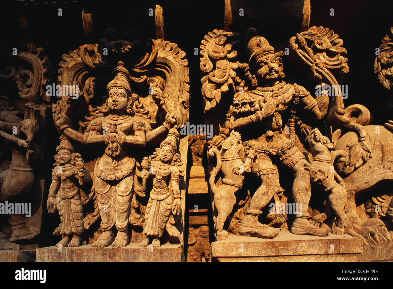350 years old wood carving on Sri Meenakshi Amman temple ; Madurai ; Tamil Nadu ; India Stock Photo