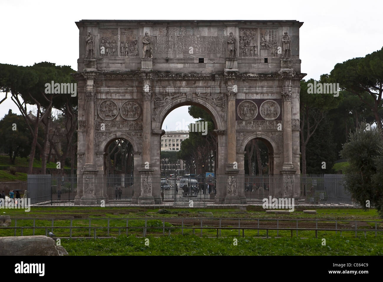 The Arch of Constantine is a three-doors arch next to the Colosseum in Rome, Lazio, Italy. Stock Photo