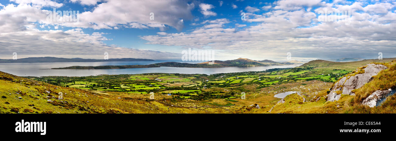 Panoramic view over Bantry Bay and Bere Island from Hungry Hill, Beara Peninsula, County Cork, Ireland Stock Photo