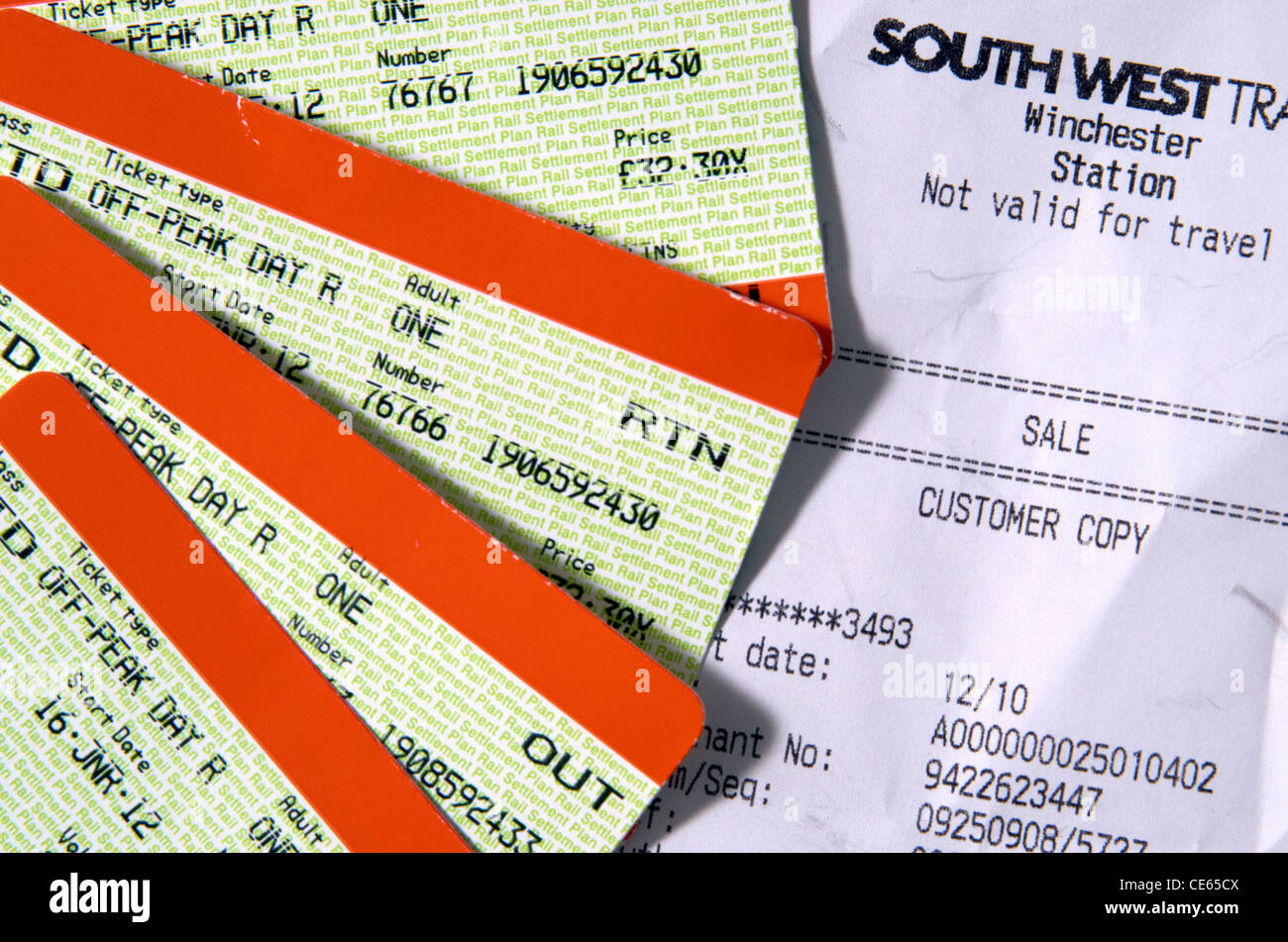 Train tickets and credit card receipt. Stock Photo