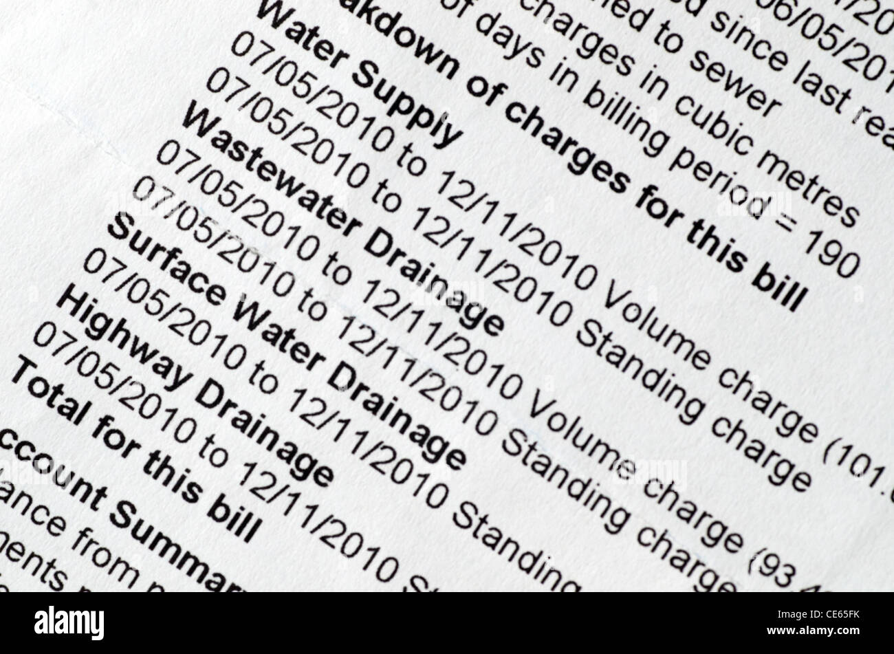 Water bill showing services charged for. Stock Photo